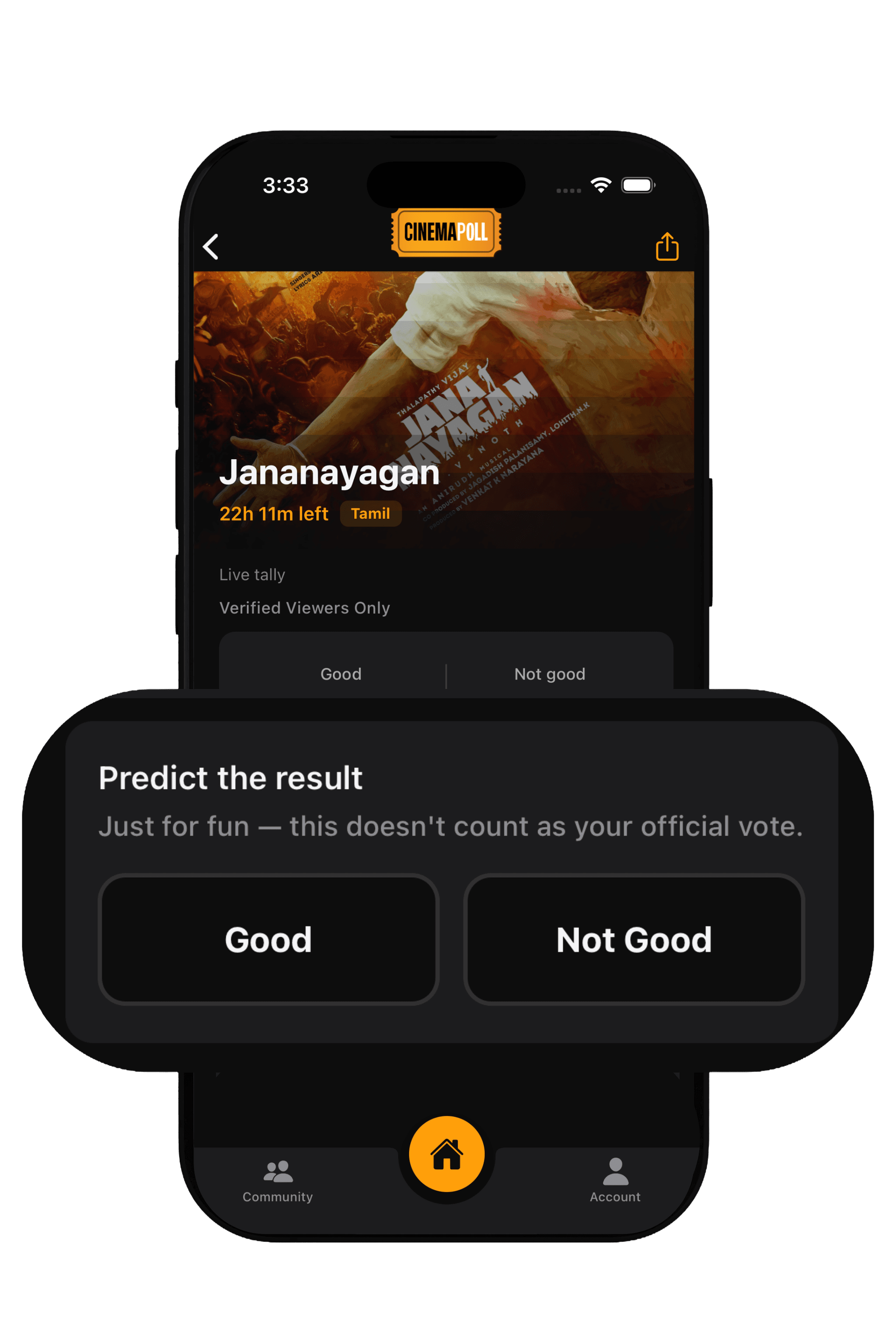 CinemaPoll Predictions screen on a phone